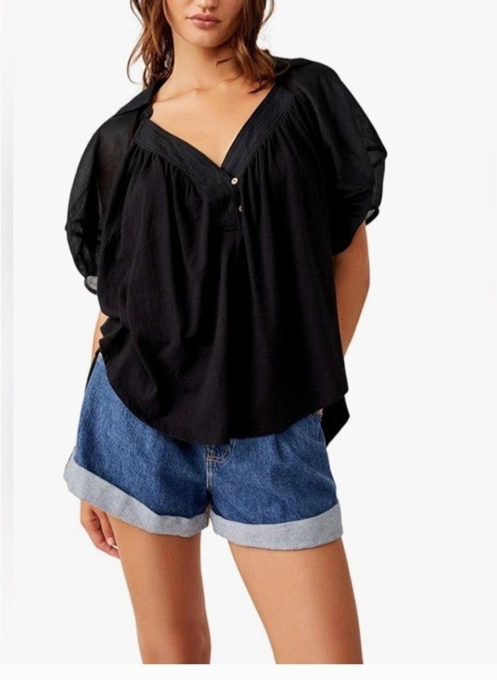 Free People S M Flowy Oversized Cotton Jersey Babydoll Top Chic Casual